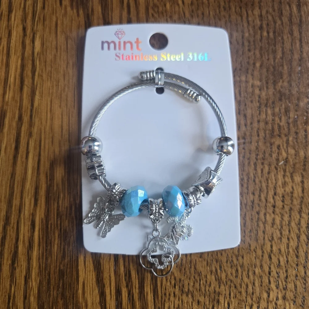 Mint Silver Bracelet with Blue Charms